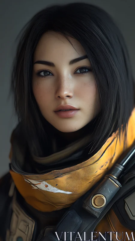 Calm young explorer gazes ahead in worn yellow spacesuit