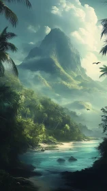 Verdant Peak: Tropical Volcano Rising Above Emerald Waters.