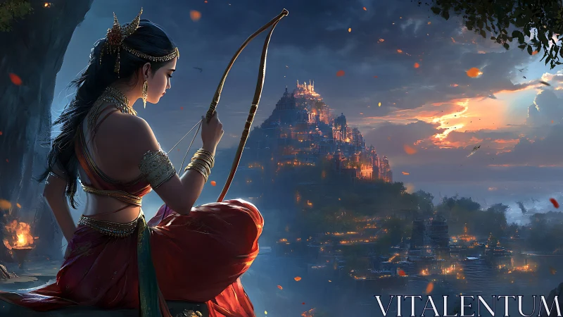 Moonlit archer princess guarding a glowing cliffside kingdom.