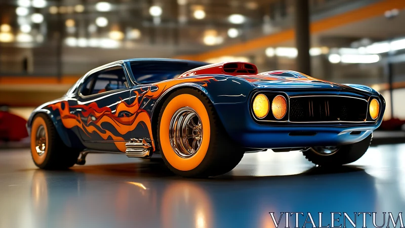 Retro hot rod in bold neon flames and glowing city light.