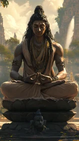 Silent lotus meditation beneath sunlit temple towers.