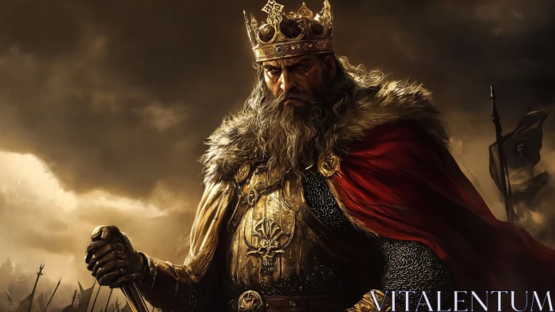 Armored medieval king in storm-lit battlefield portrait
