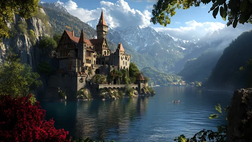 Stone castle on alpine lake with distant snowy peaks.