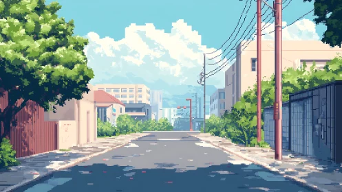 Quiet pixel street drifts into a bright summer horizon