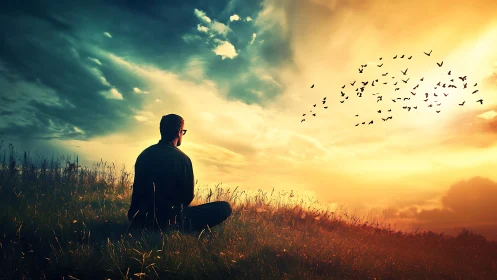 Contemplative figure on hillside under warm cinematic sunset.