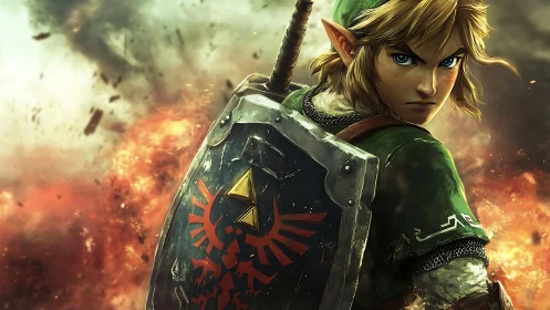 Armored elf warrior with shield amid explosive battle.