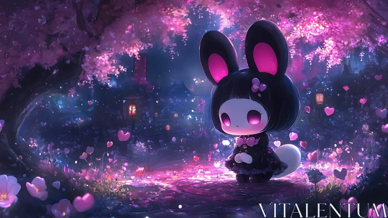 Chibi rabbit character under pink trees at night in garden.