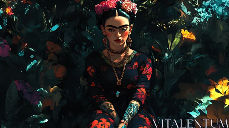 Digital portrait of seated woman in dense foliage with chiaroscuro lighting