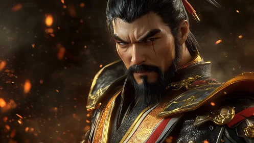 Warrior commander portrait in ornate burning battlefield scene.