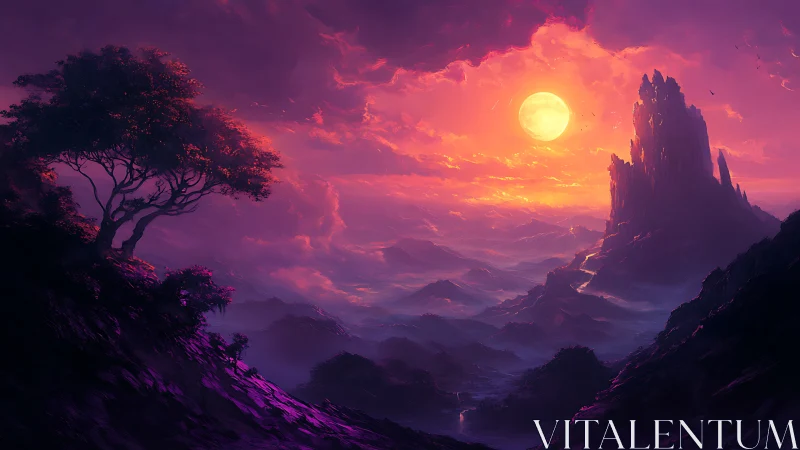 Violet fantasy valley under blazing twin sunset sky.