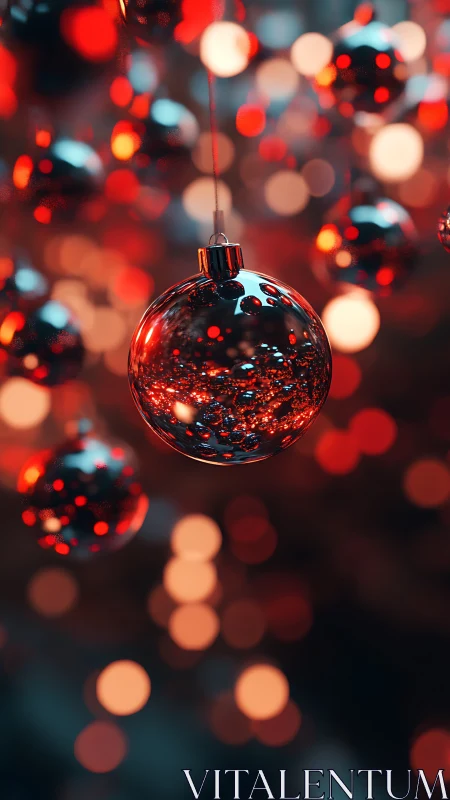 Gleaming red bauble amid defocused festive light orbs.