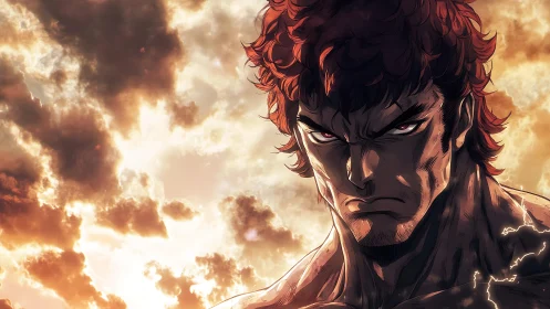 Storm-lit warrior glare against a seething bronze sky.