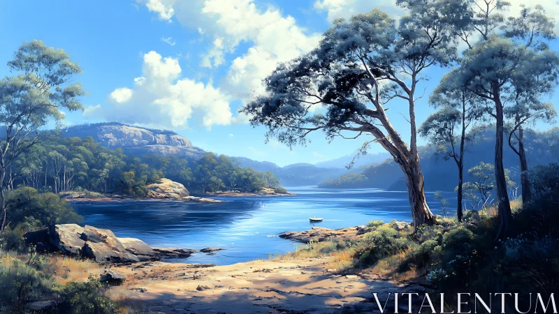 Landscape composition depicting a lake enclosed by mountains and forest vegetation