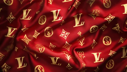Red satin fabric with repeating gold luxury brand monograms.