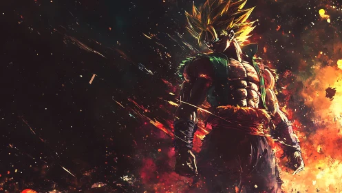 Fierce golden warrior stands blazing against a shattered sky