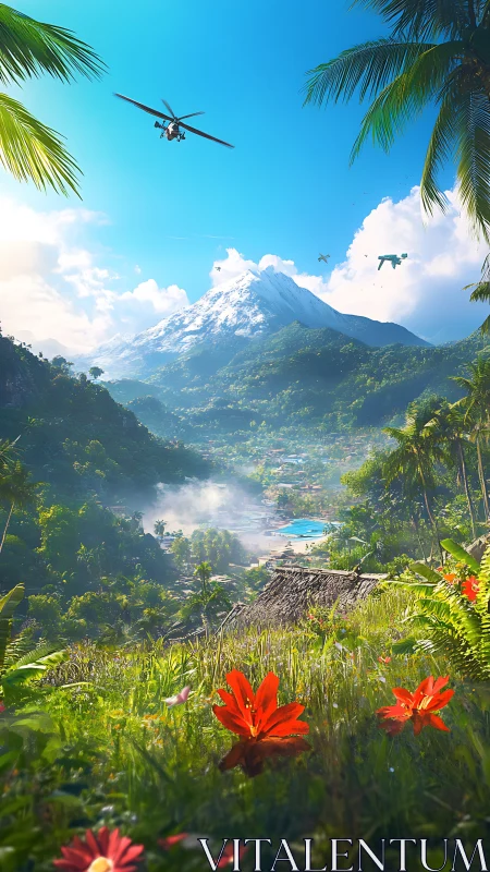 Digital painting of tropical valley with snowcapped peak panorama.