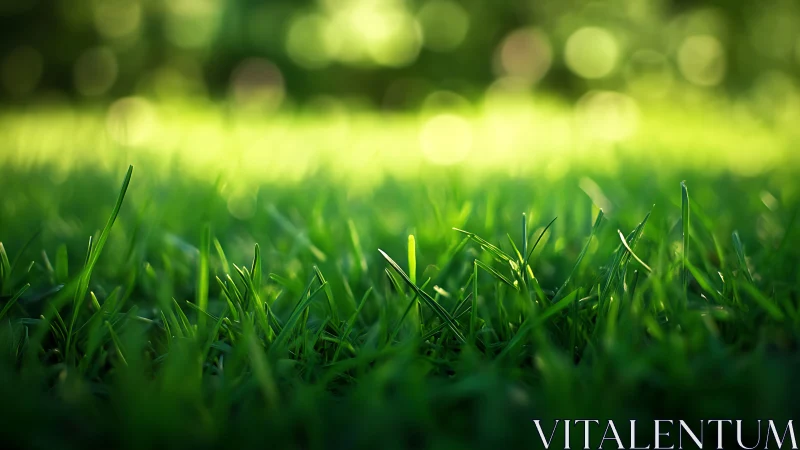 Close-up of Lush Green Grass with Soft Morning Bokeh Effect.