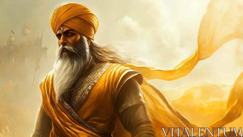 Regal Sikh warrior in golden turban amid radiant battlefield
