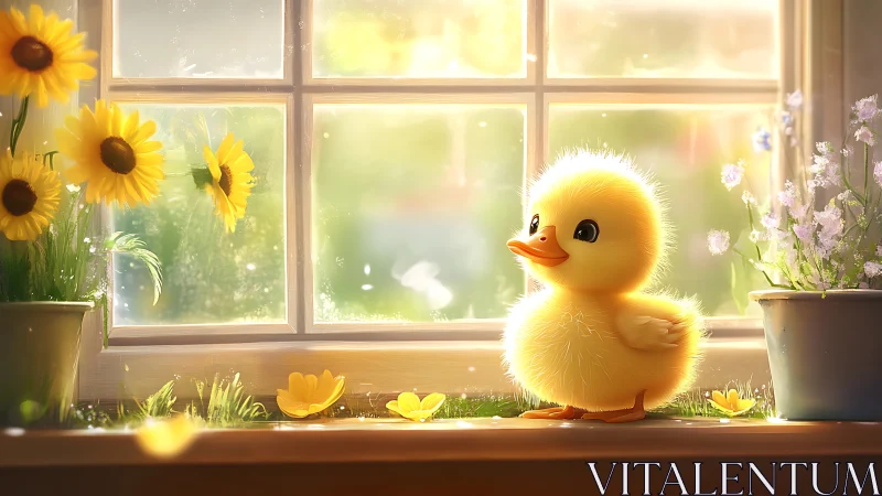 Sunlit duckling on windowsill amid glowing spring blooms.