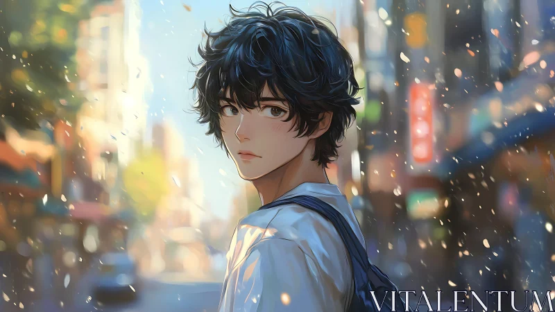 Young male figure on city street with soft evening light.