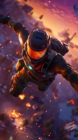 Armored skydiver over stylized city at sunset.