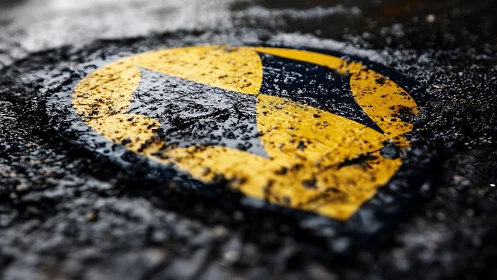 Wet asphalt logo glistens under shallow depth focus.