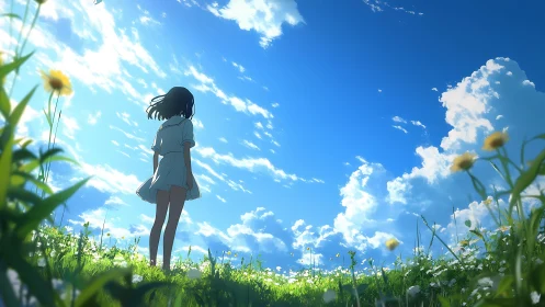 Girl standing in flower field under expansive blue sky.