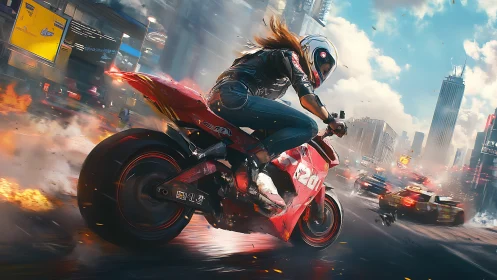 Aerodynamic red sport bike drifting through urban firestorm at speed