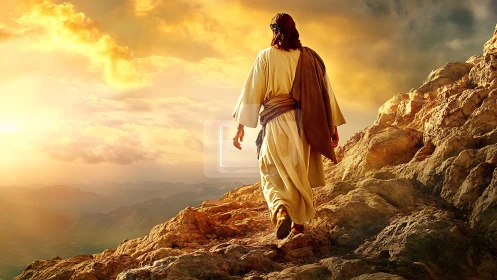 Sunlit wanderer climbs the burning-gold mountain path