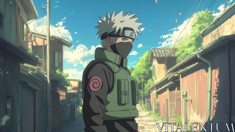 Calm masked ninja strolling a quiet sunlit village lane.