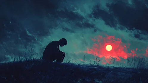 Solitary silhouette under crimson moonlit storm sky.