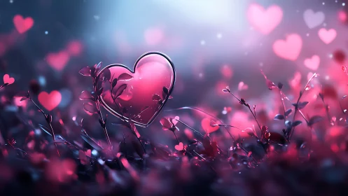 Luminescent Glass Heart Suspended Among Glowing Bokeh Particles