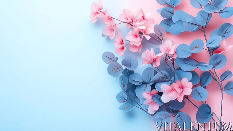 Layered botanical composition with chromatic gradient separation and 3D rendering depth