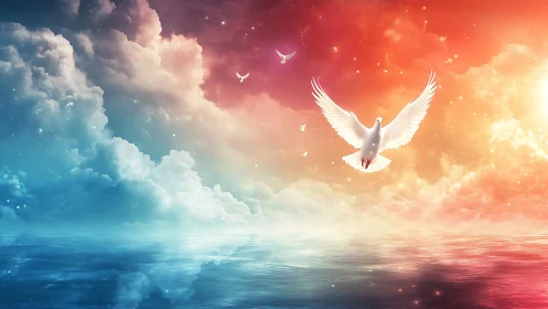 Skyfire doves rising over a dream-bright ocean horizon.