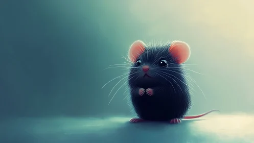 Soft-lit digital portrait of tiny black mouse in teal haze.