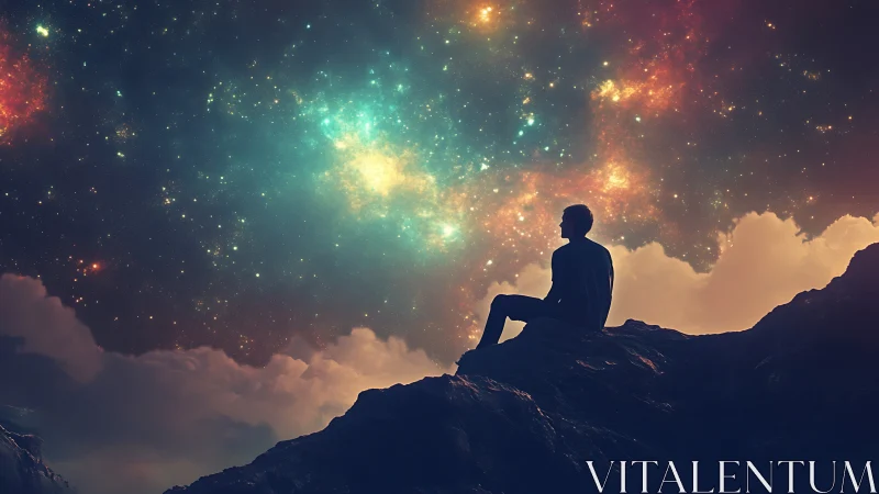 Stargazer sits on midnight cliffs while galaxies quietly bloom