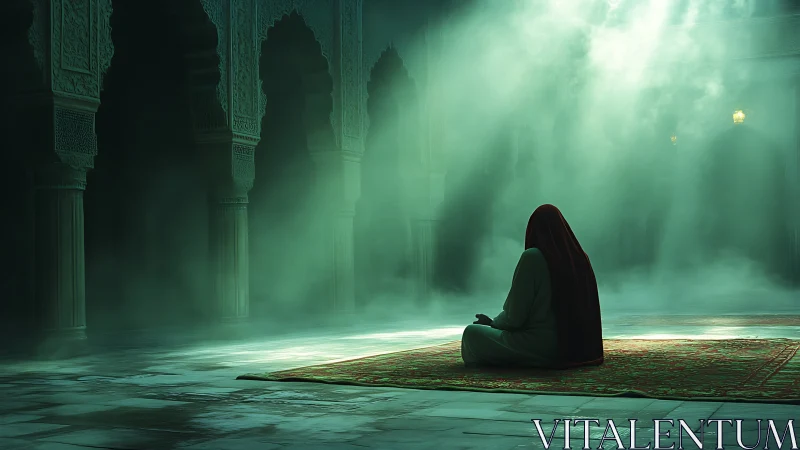 Solitary veiled figure seated on prayer rug in misted hall.