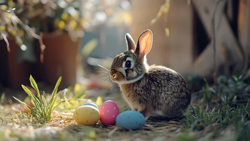 Sunlit garden bunny guarding a handful of pastel eggs.