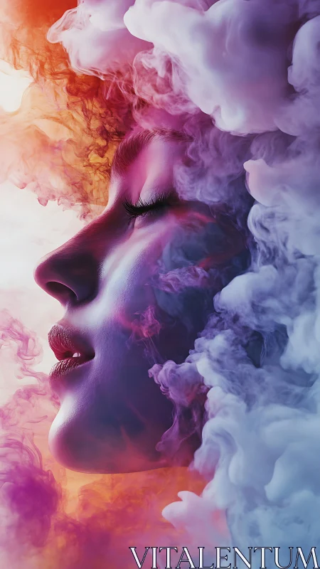 Dreaming female profile dissolves into swirling neon clouds.