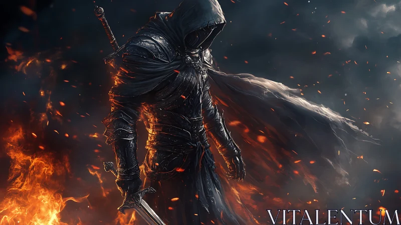 Dark armored warrior with sword amid drifting embers.