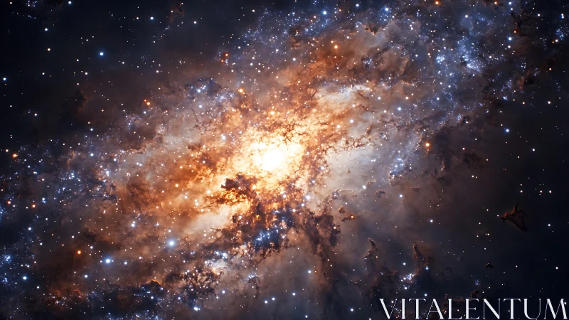 Stellar nebula core glows amid swirling cosmic dust clouds.