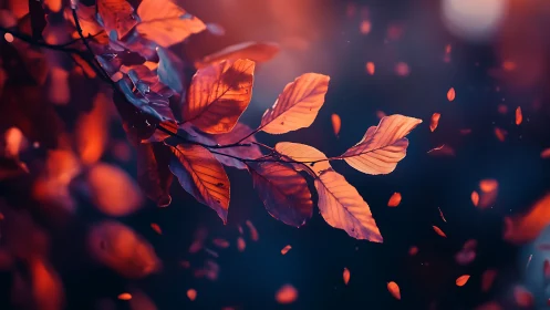 Orange autumn leaves hang sharply focused against dark blur