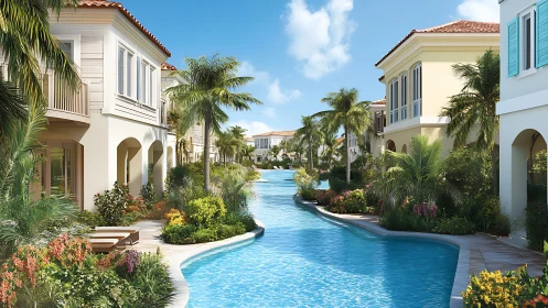 Palm-lined canal villas glow under bright tropical daylight