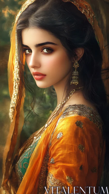 Side-profile digital portrait in ornate orange attire.