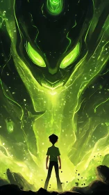 Green cosmic guardian and brave kid in glowing standoff.