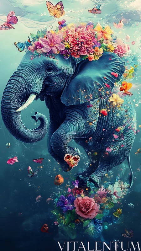 Surreal elephant drifts underwater in a bloom of flowers