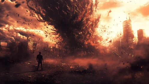 Solitary figure observes large fiery vortex over cityscape