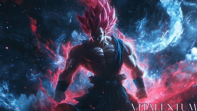 Cosmic warrior ascends in blazing red and blue energy storm