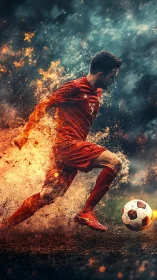 Fiery soccer striker in dynamic motion under storm rain.