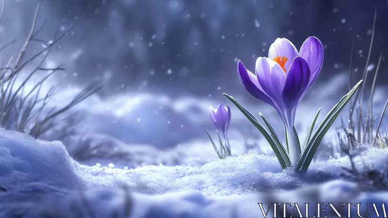 Purple Crocus Breaking Winter's Icy Spell with Golden Heart.